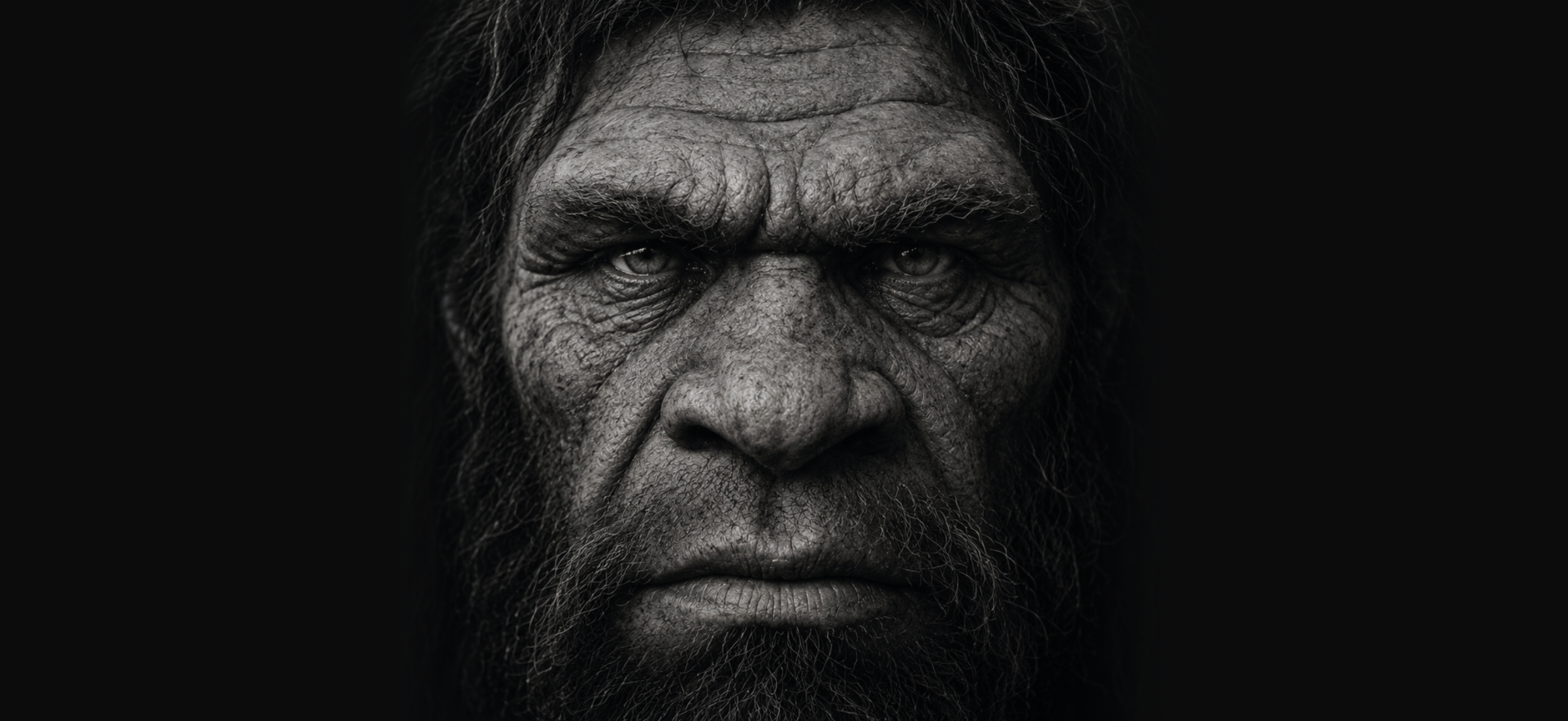 Black and white close-up of a prehistoric man's face on a dark background